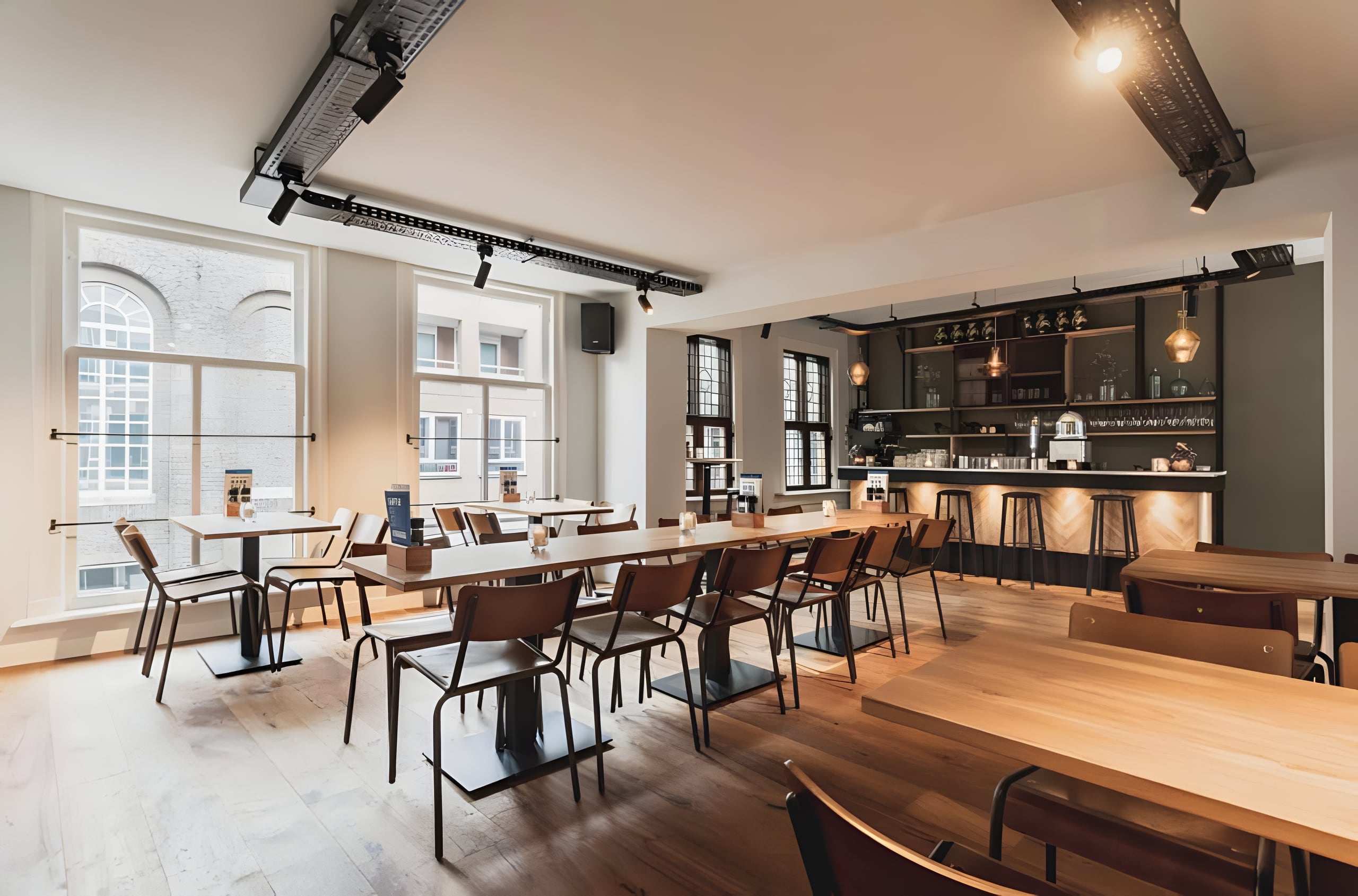De Private Dining ruimte van De Crimp met lange houten tafels, hoge ramen en een eigen bar